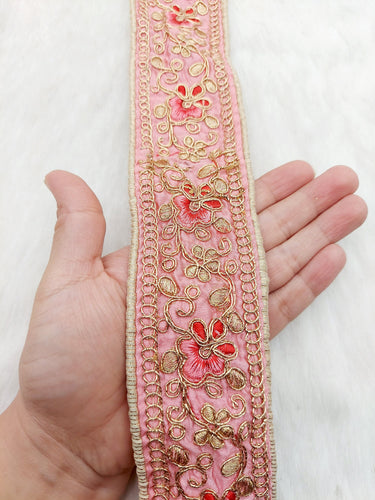 Pink Art Silk Trim In Gold, Red and Pink Floral Embroidery, Embroidered Flowers Border